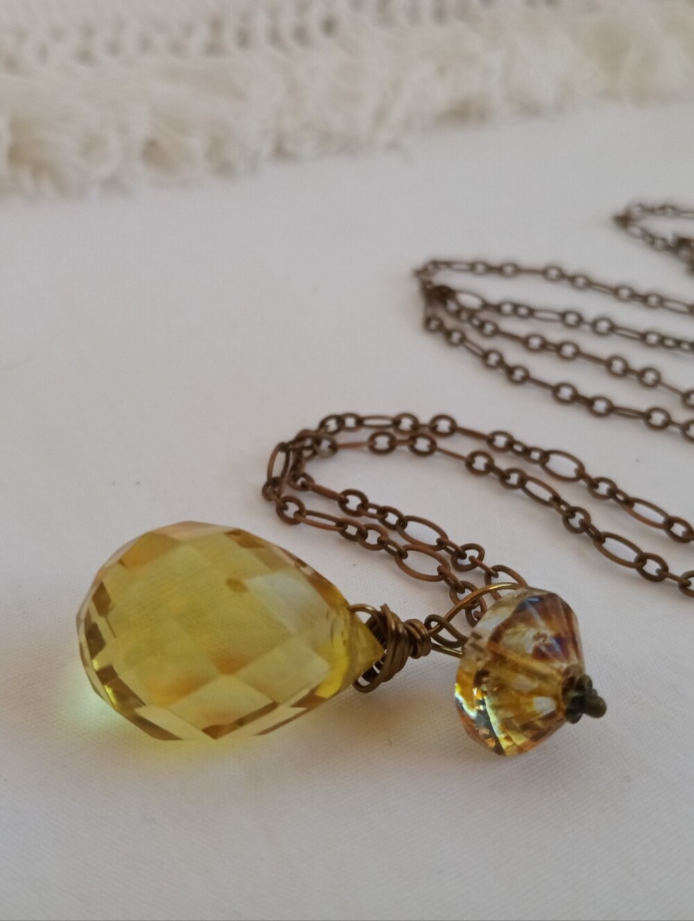 Hand Crafted Citrine Drop Pendant Amber Czech Glass X Long Antique Brass Chain - Picture 7 of 7